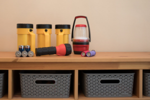 Emergency supplies on a shelf