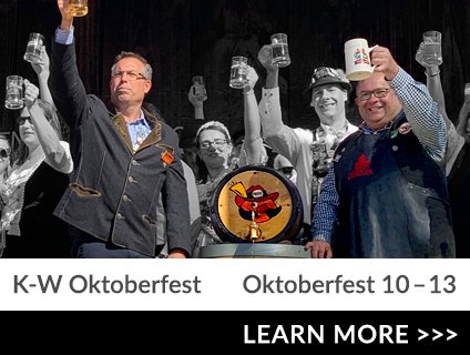 Volunteers at Grillefest. Text: K-W Oktoberfest. Subscribe for updates