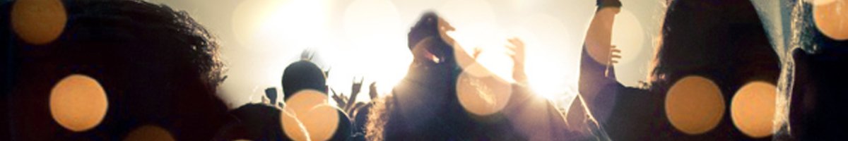 Crowd of people at a concert with light flare