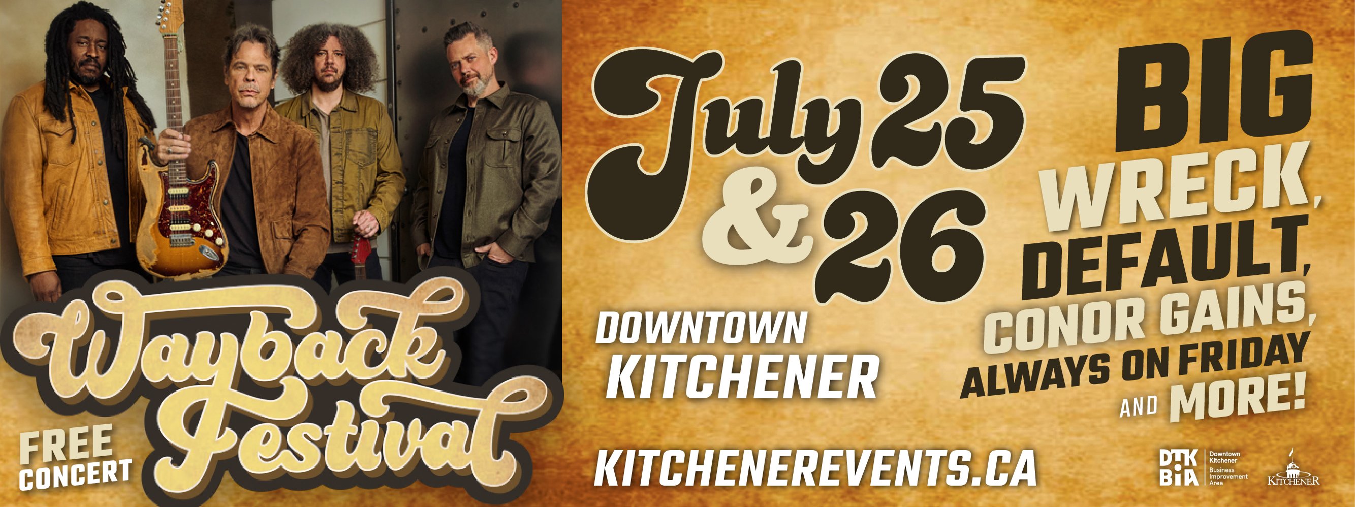 The background has a vintage, sepia-toned look. At the top, there are four people standing side by side with their faces blurred out. One person is holding an electric guitar. Below them, in large, stylized text, it says "Wayback Festival." Underneath that text, it says "July 25 & 26" in bold black and yellow letters