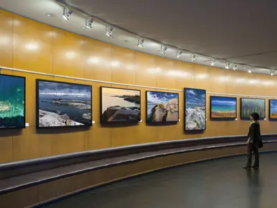 Paintings depicting various water scenes hung on the wall in the Rotunda Gallery.