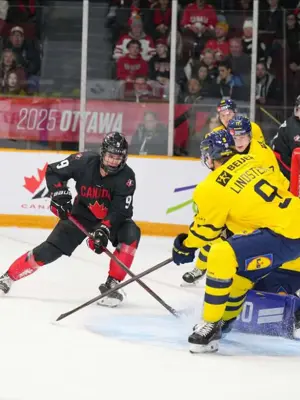 two hockey skaters on ice at the hockey net