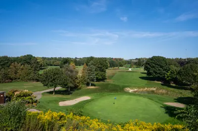 Looking down on a golf hole at Doon Valley Golf Course