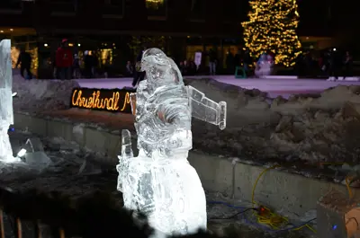 Ice sculpture outside of City Hall during Christkindl Market
