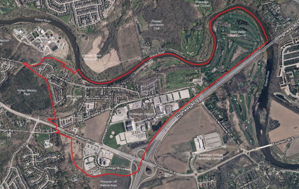 Lower Doon is defined as the area bounded by the Grand River to the north, Highway 401 to the east, properties located along the south side of Conestoga College Boulevard and Homer Watson Boulevard to the south, and Homer Watson Park to the west.”