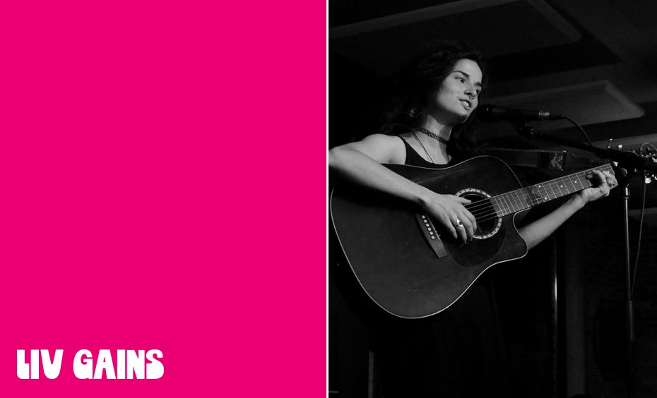 Black and white image of performer Liv Gains on stage with a guitar, accompanied by text reading "Liv Gains"