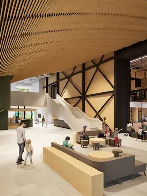 Rendering of indoor complex with people in a lobby