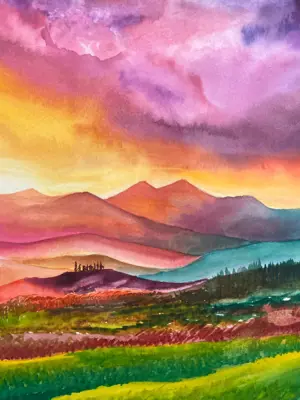 Painting of a mountain range at sunset