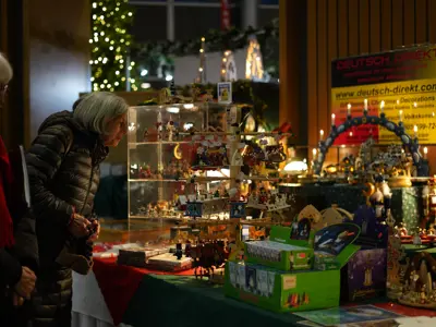 christmas food vendor booth at night