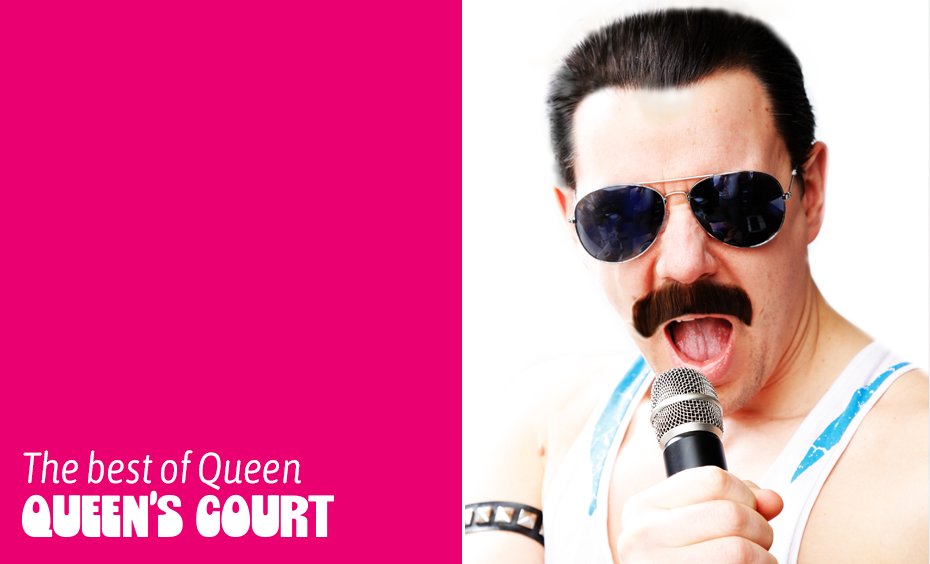 Image of the lead singer of Queen's Court dressed like Freddie Mercury and singing into a microphone, accompanied by text reading "Queen's Court: The Best of Queen"