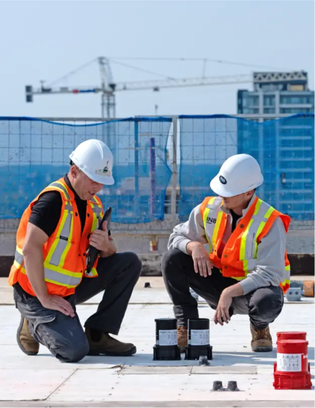 Two City of Kitchener staff members are kneeling on a flat rooftop looking at installed technology