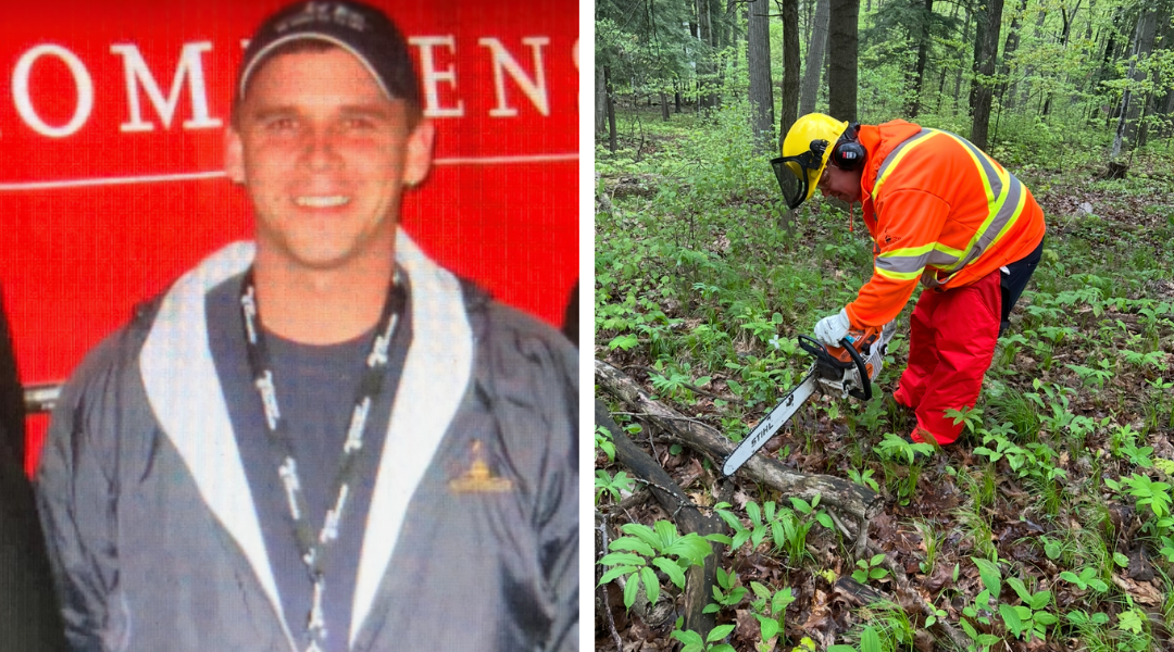 Jerry - then and now Side-by-side image: On the left, a man in a navy City of Kitchener jacket and cap smiles in front of a red backdrop with white text. On the right, the same man is in high-visibility safety gear—orange jacket, red pants, yellow hard hat, face shield, and ear protection. He is cutting a fallen tree branch in a forest.