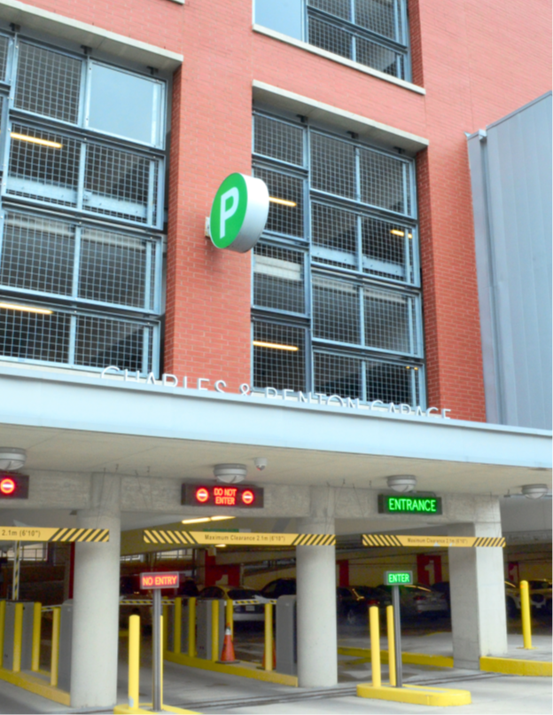 Entrance to a brick parking garage