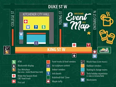 Christkindl 2025 event map in downtown Kitchener showing City Hall, King Street food vendors, indoor and outdoor vendors, kids’ zone, skating area, Tesla rides, Musik Haus for live music, washrooms, info booth, and first aid locations.